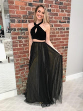 Black Two-Piece Prom Dress with Keyhole Halter Top